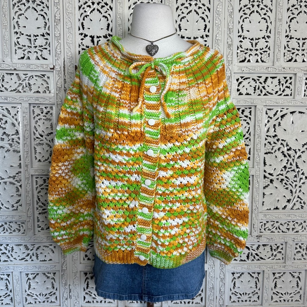 Handmade Chunky Knit Green & Orange Boho Colorful Button Up Cardigan Sz‎ S/M
